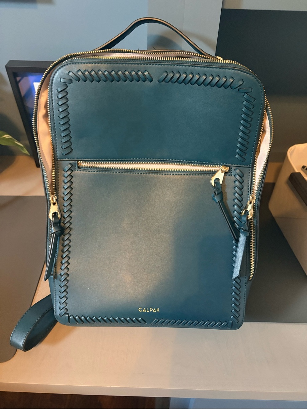 Calpak Teal Leather Backpack with Braided Trim and Gold Hardware